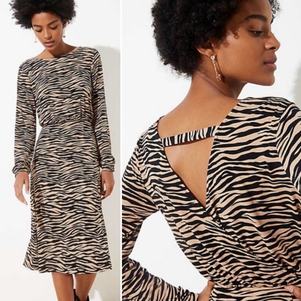 NWT LOFT Animal Print Tiger Stripes Bar Back Long Sleeve Midi Dress Size 6